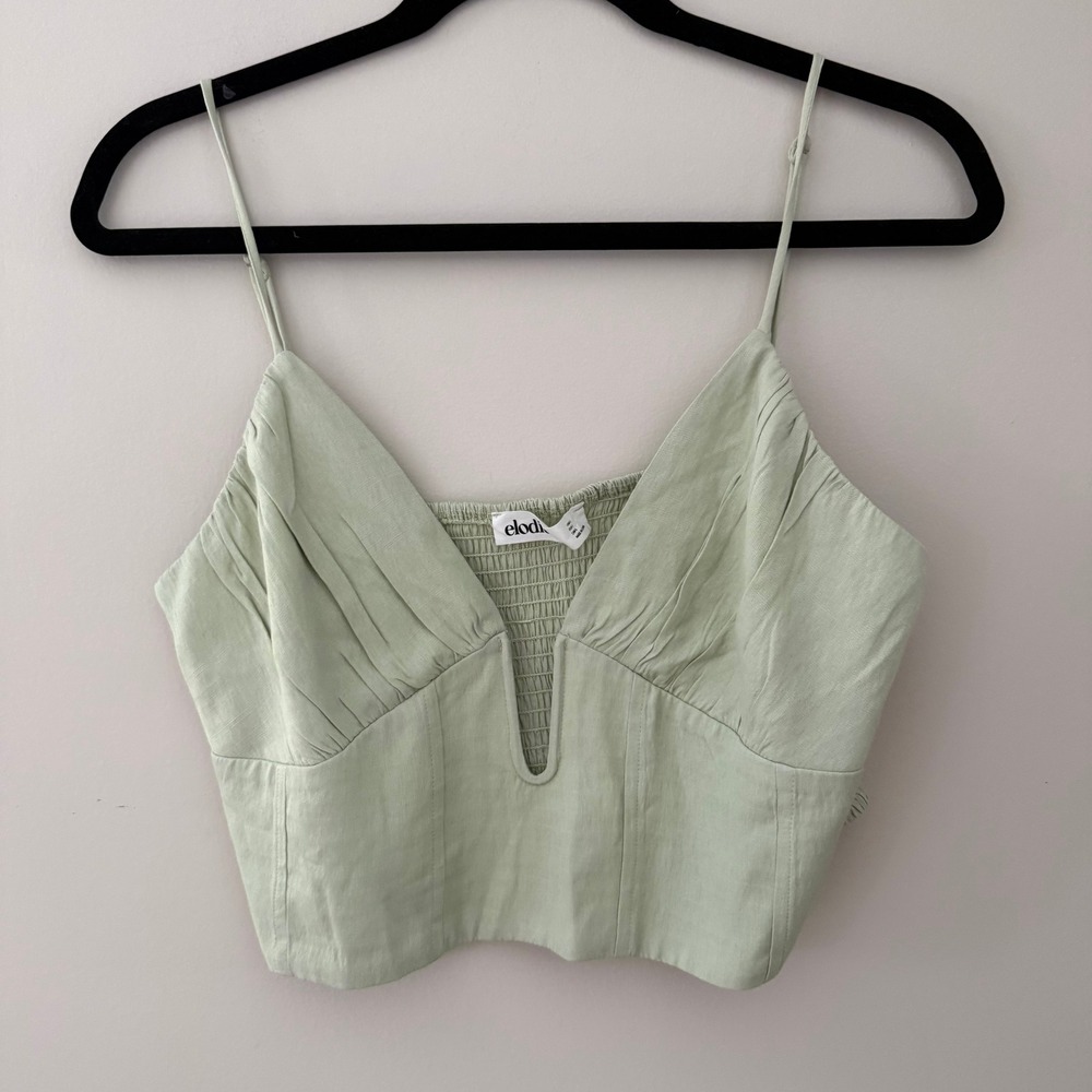 Elodie Sage Green Smocked Back Crop Top Deep V-Neck Adjustable Straps Womens L